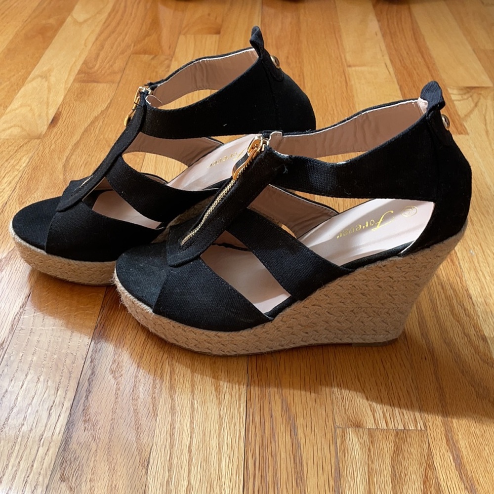 Black Espadrille Wedge Sandals NEVER WORN